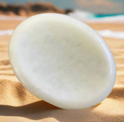 Oval, off-white soap or stone on a sandy beach.
