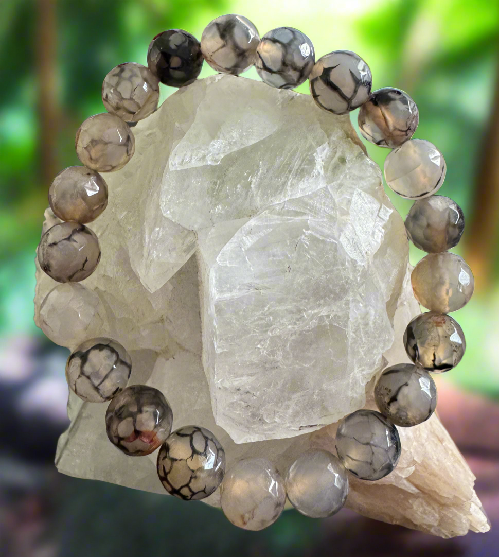 Dragon Vein Agate 8mm multi-faceted Bead Bracelet (A) - Main Street Crystals & Minerals