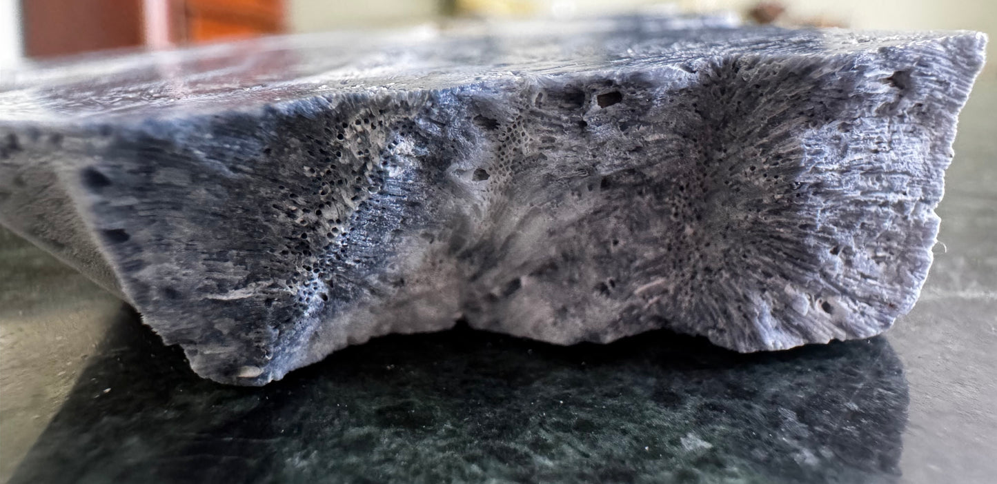 Close-up of a porous, bluish-gray stone block.