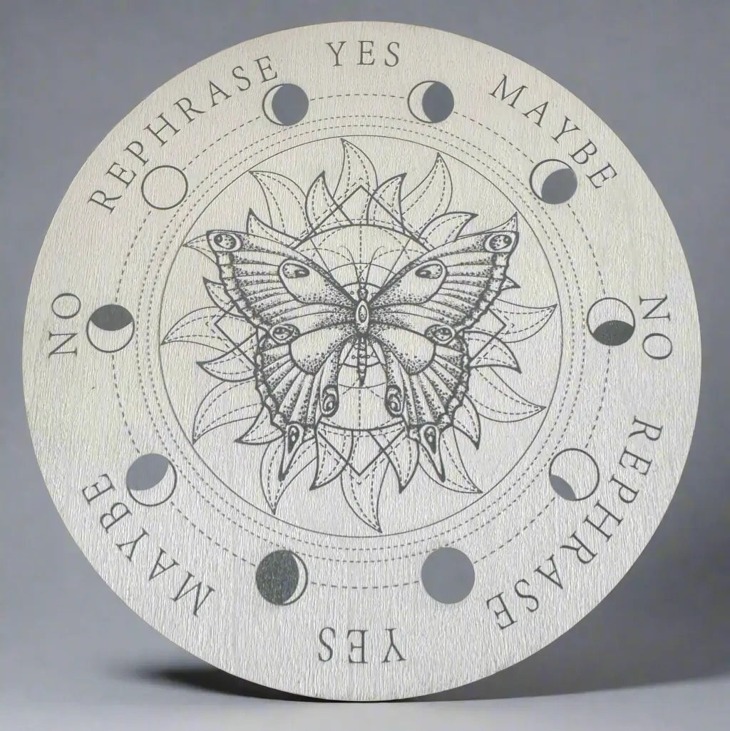 Round pendulum board with butterfly design and answer options
