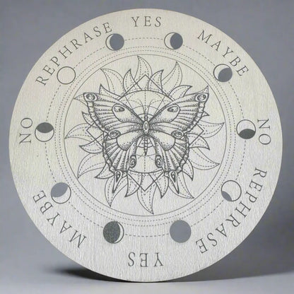 Round pendulum board with butterfly design and answer options