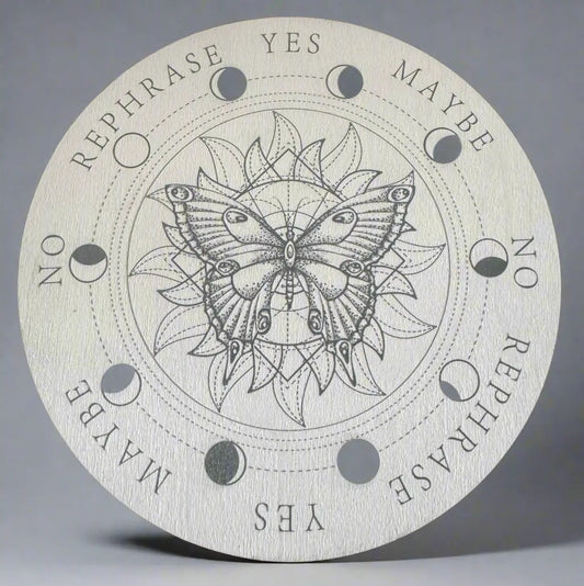 Round pendulum board with butterfly design and answer options