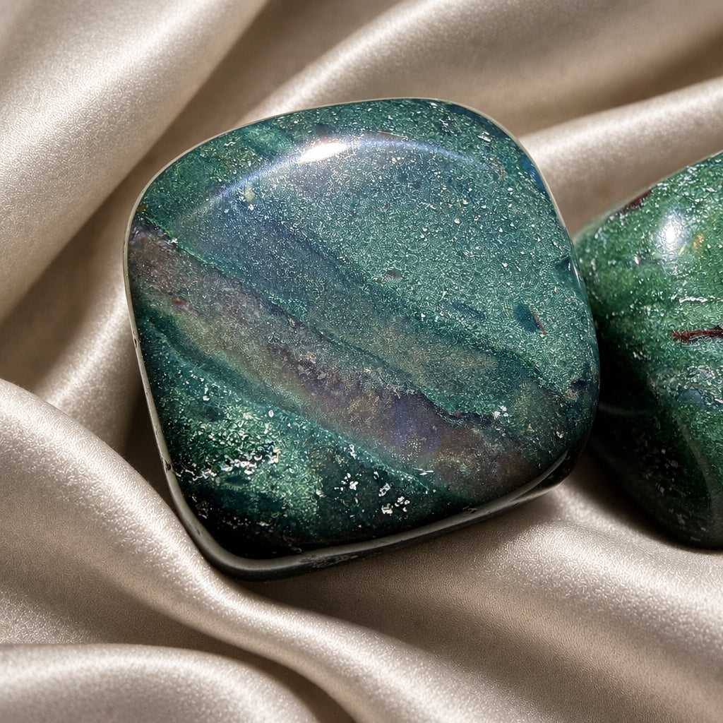 close up of one green jasper cube 