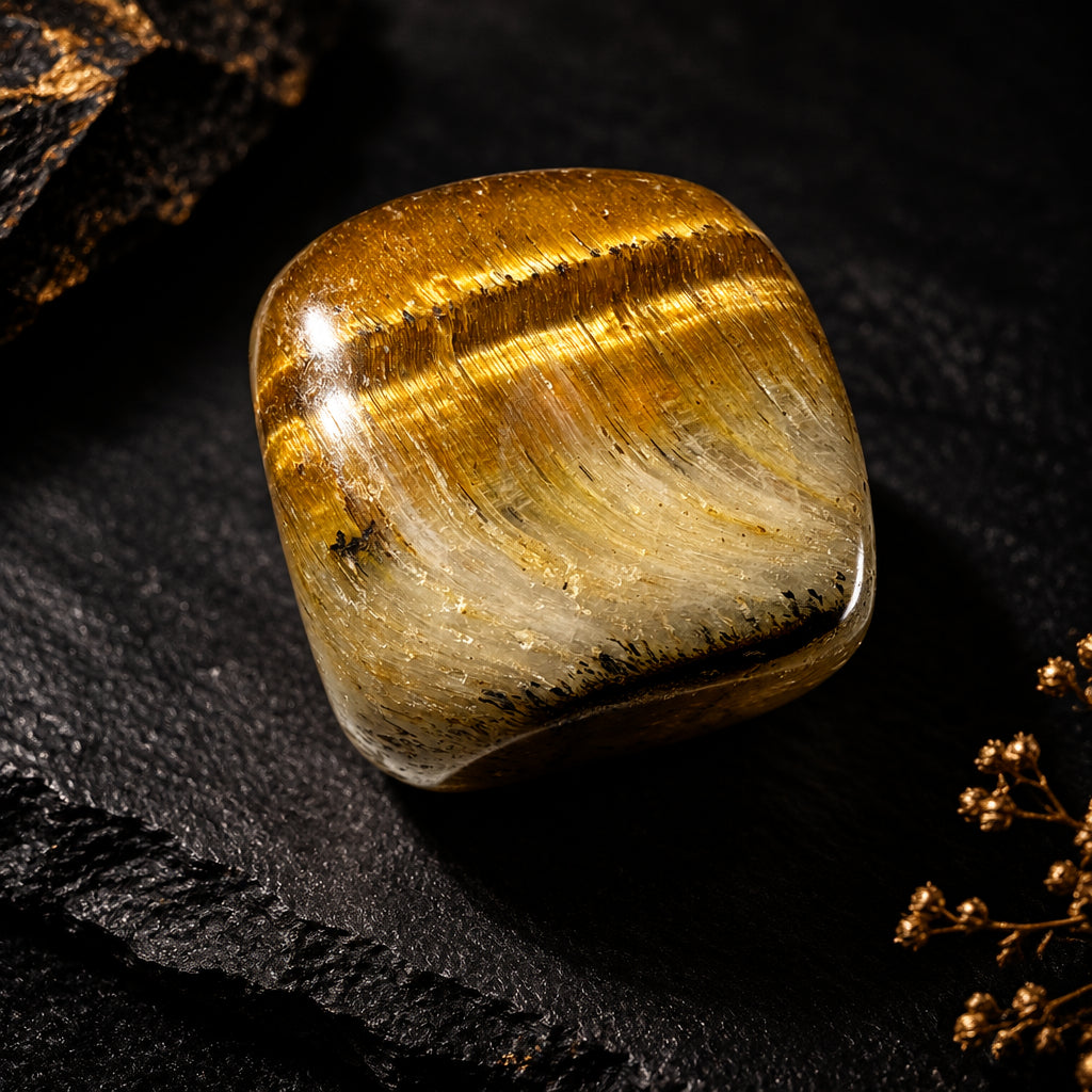 close up of a Tiger’s Eye carved cube 