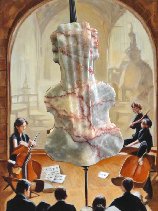 Marble cello bust sculpture against painting of a cello ensemble.