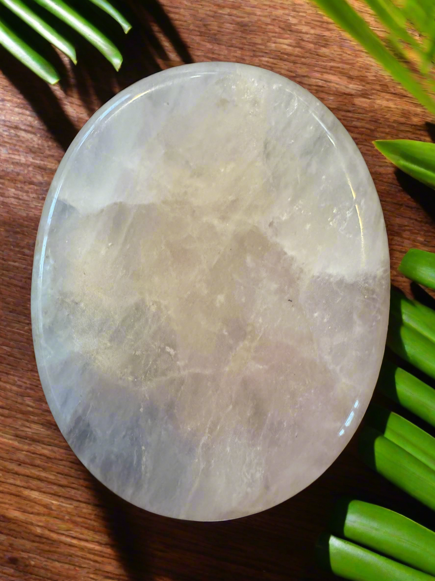Circular moonstone palm stone on a wooden surface with green leaves.