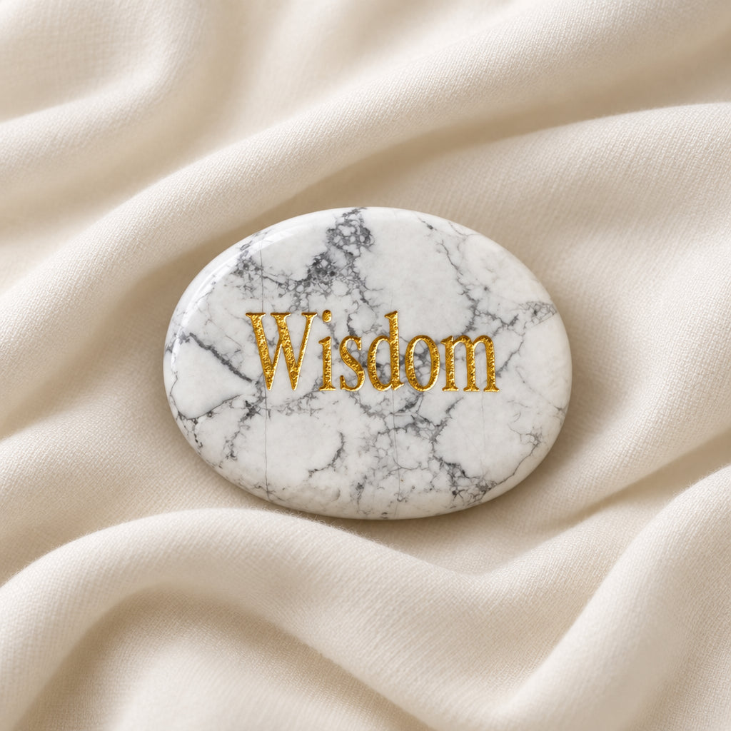 Howlite crystal carved into an oval shaped worry stone with the word Wisdom etched in gold tone lettering
