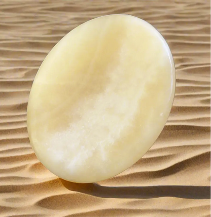 Oval yellow stone casting a shadow on a sandy surface.
