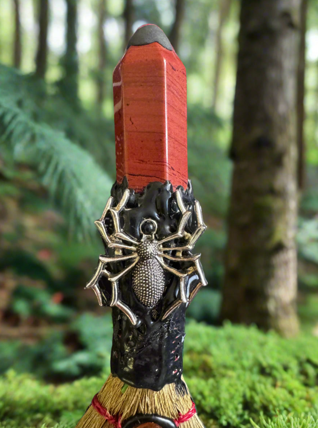 Handcrafted witch altar broom  red jasper finial and spider charm natural bristles