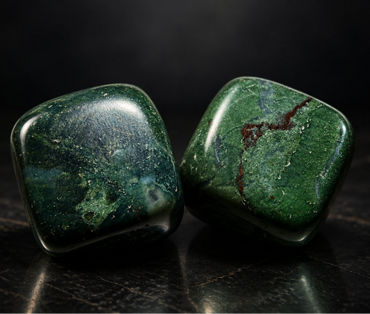 Two green jasper square polished cubes