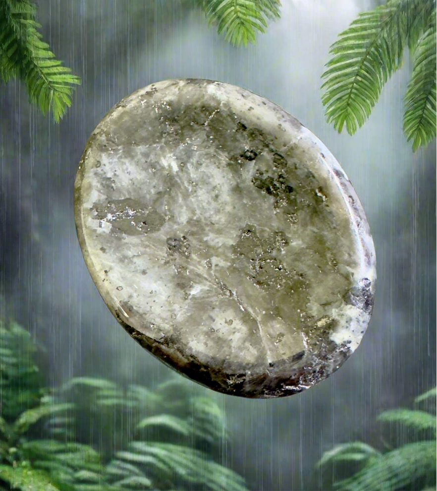 Oval grey stone pendant in a rainy, verdant forest setting.
