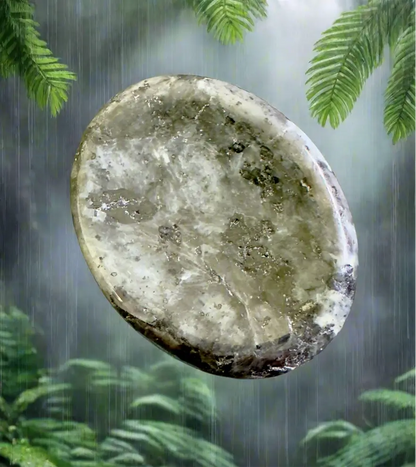 Oval grey stone pendant in a rainy, verdant forest setting.