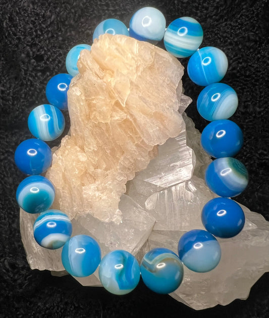 Blue Banded Agate bead bracelet with 10mm stretch beads