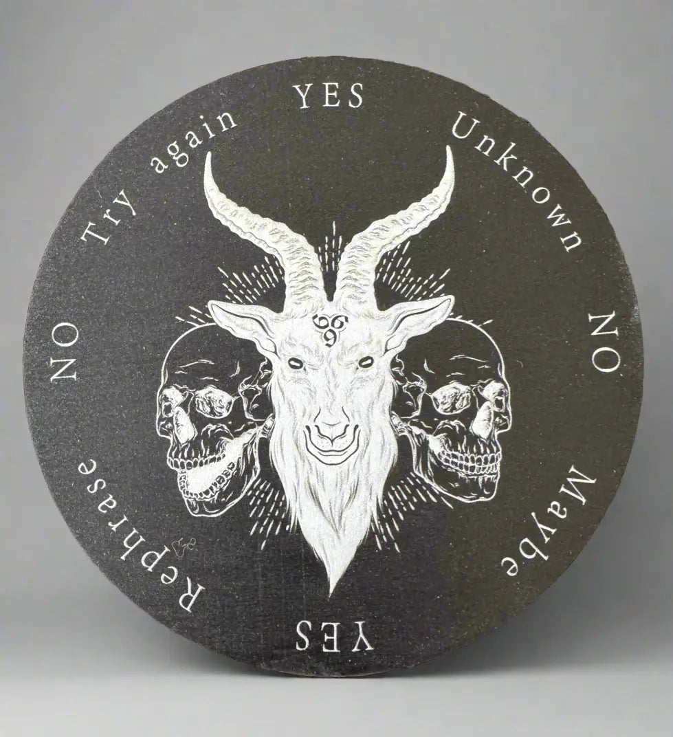 Dark gray round pendulum board with goat head and skull design