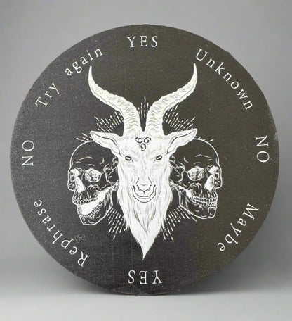 Dark gray round pendulum board with goat head and skull design