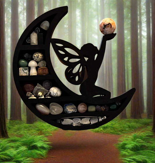 Black moon-shaped shelf filled with rocks and crystals, with a silhouette of a fairy holding a sphere on top, set in a forest.
