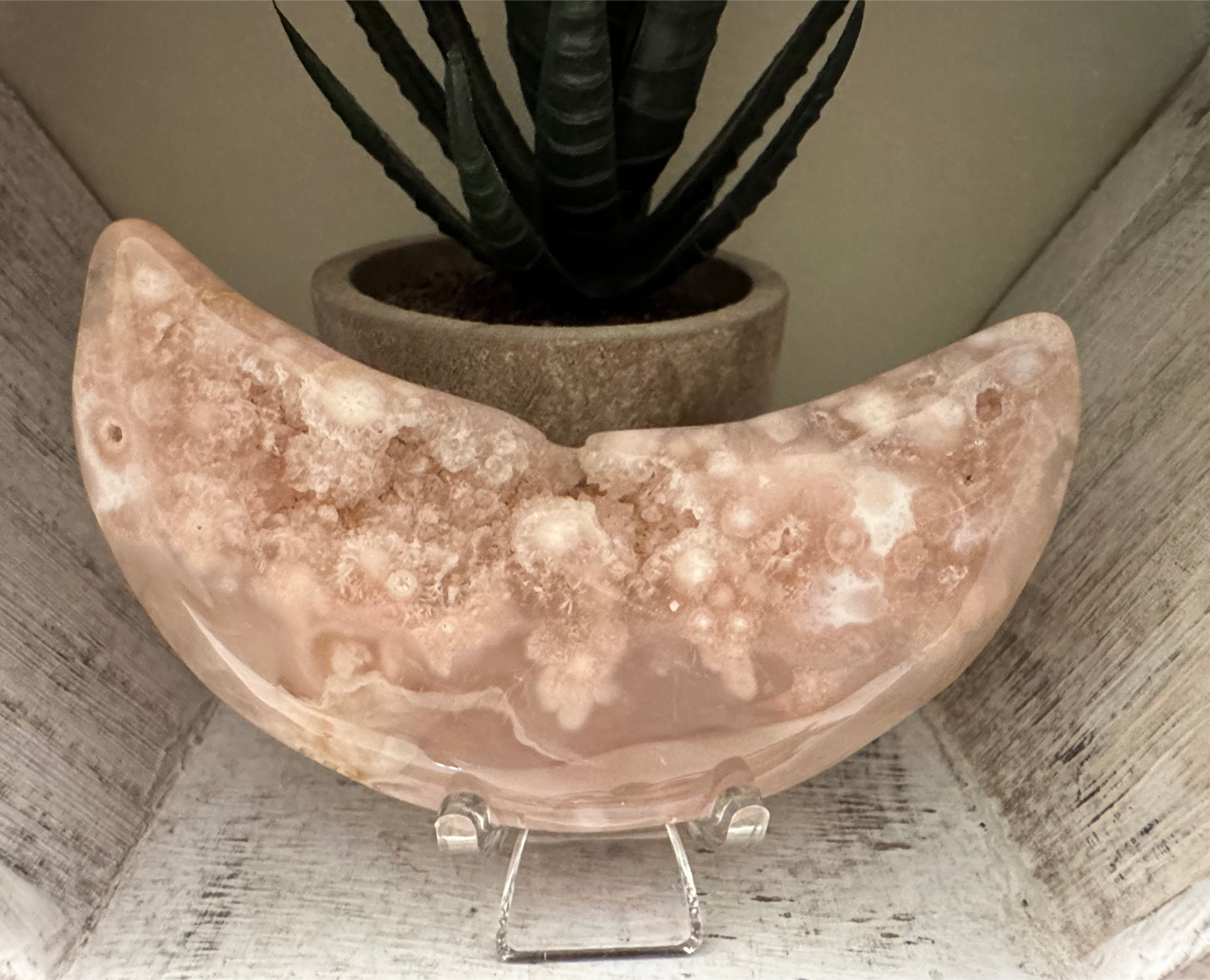 Druzy Pink Sakura Agate Crescent Moon Carving - Main Street Crystals & Minerals
