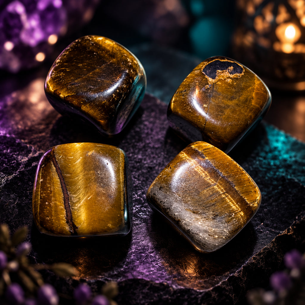 Four Tiger’s Eye carved cubes