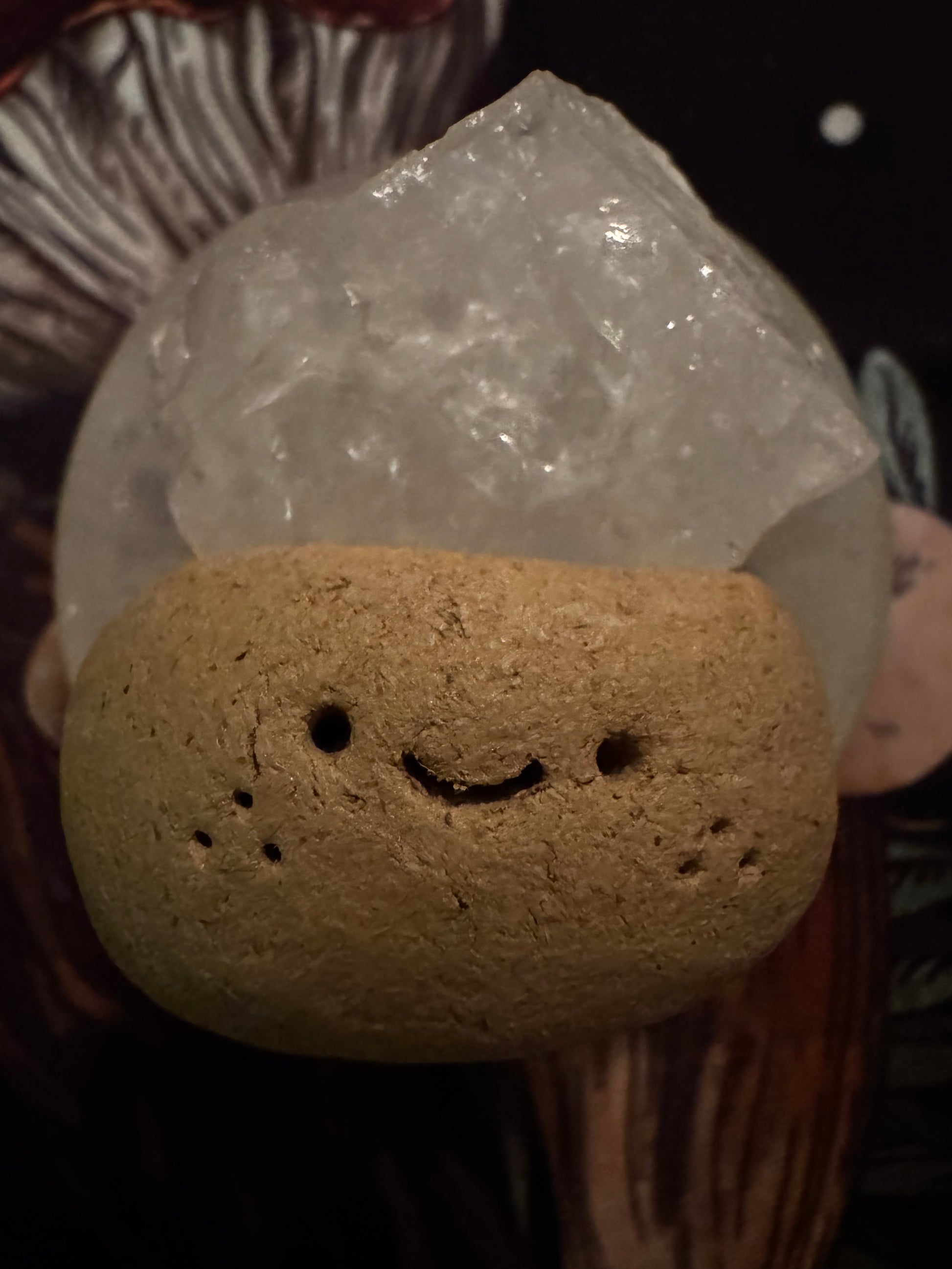 Smiling, brown, textured rock below a clear quartz crystal.