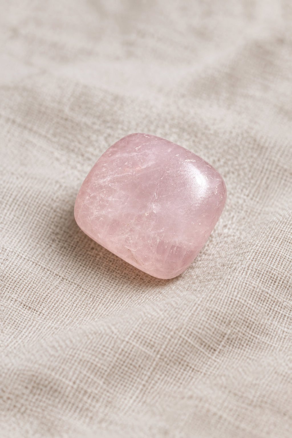 A polished pink quartz stone with rounded square edges, resting on a light linen fabric survace
