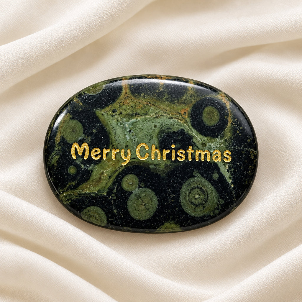 Kambaba Jasper carved worry stone with Merry Christmas etched in gold color
