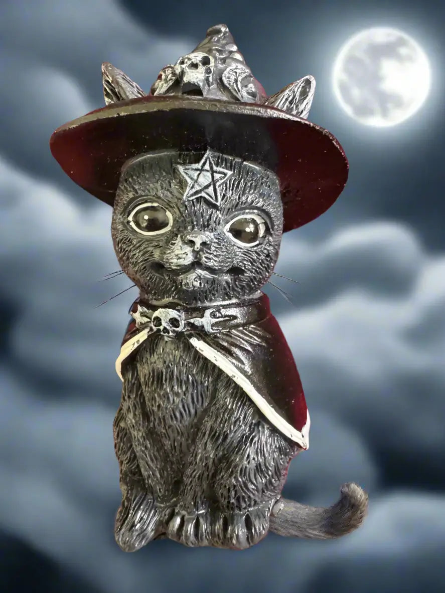 Resin witch cat figurine with pointed hat front view
