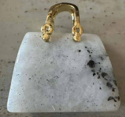 Cute black and white agate carving designer handbag with gold tone handle