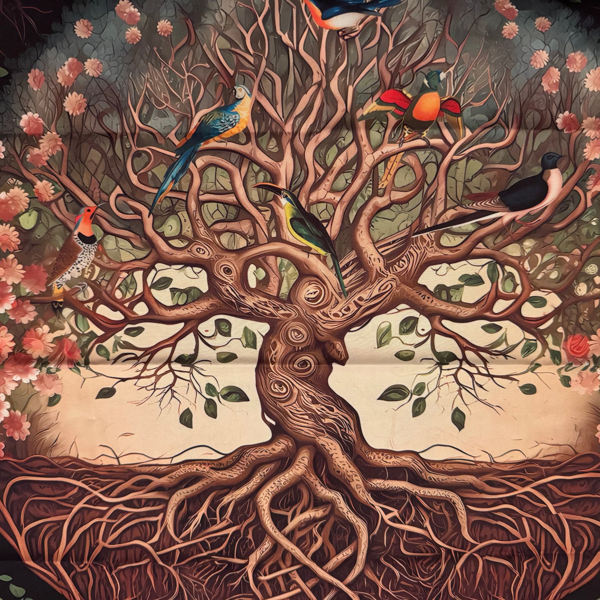 tree of life altar cloth brown roots and tree limbs with multi color flowers and birds 
