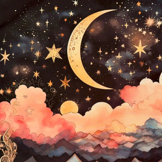 Close up of altar cloth bright colors pin, yellows mountains in the background and crescent moon and stars 