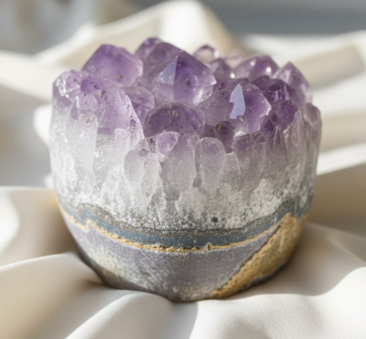 A close-up of a natural amethyst crystal cluster with layered purple and white quartz points, showing a gold luster band, photographed against a neutral light gray background.