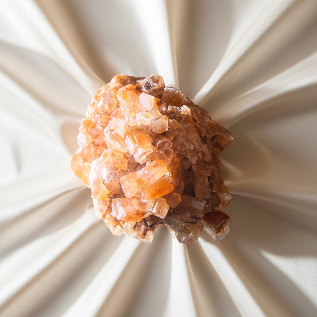Close up light enhanced photo of aragonite specimen B. brilliant oranges beautiful pinacoid planes