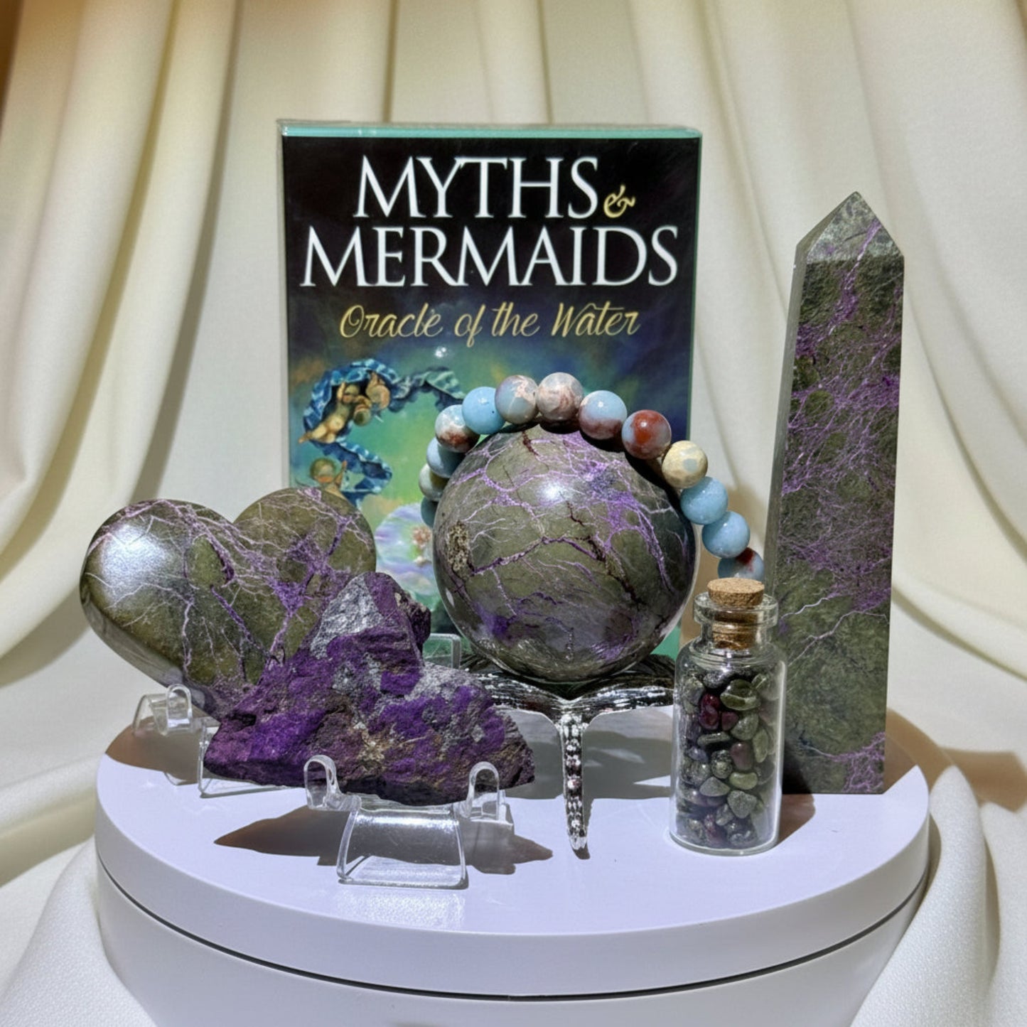 Atlantisite Crystal Set Healing Grounding Sphere, Tower, Carved Heart, Raw Specimen Imperial Jasper 8 mm bead bracelet silvery dragonfly sphere display Mermaid Oracle Card deck Wish bottle filled with Dragons Blood crystal chips 