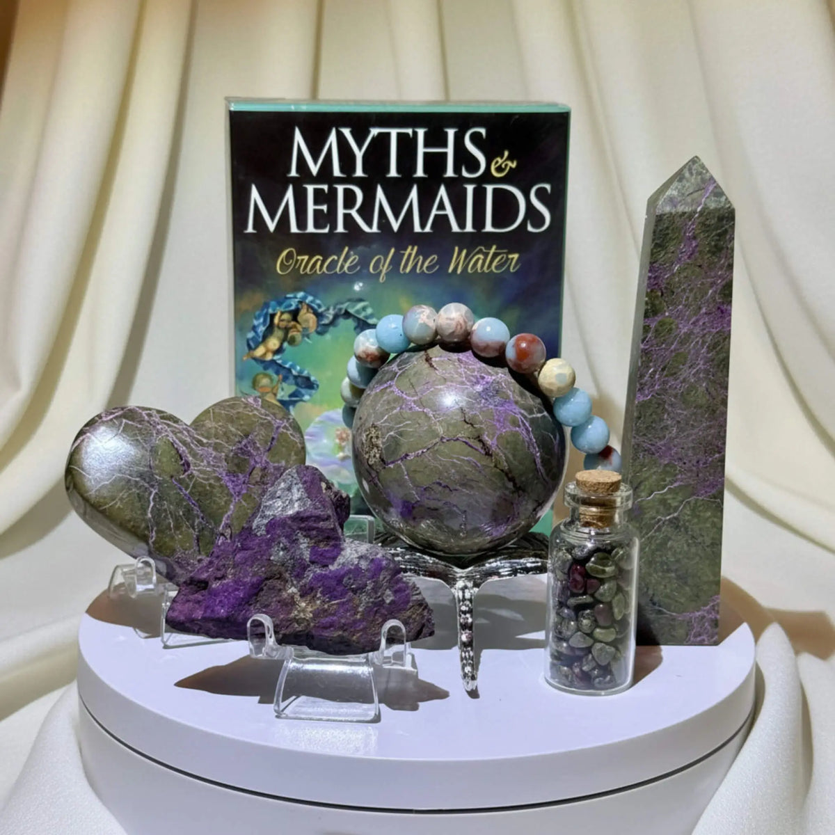 Atlantisite Crystal Set Healing Grounding Sphere, Tower, Carved Heart, Raw Specimen Imperial Jasper 8 mm bead bracelet silvery dragonfly sphere display Mermaid Oracle Card deck Wish bottle filled with Dragons Blood crystal chips 