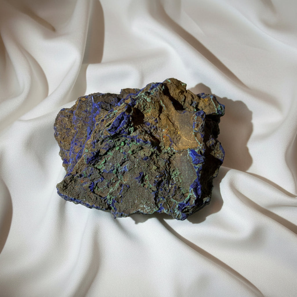 Azurite mineral specimen with a brown and gray matrix, featuring prominent purple veins and patches of golden-yellow mineralization