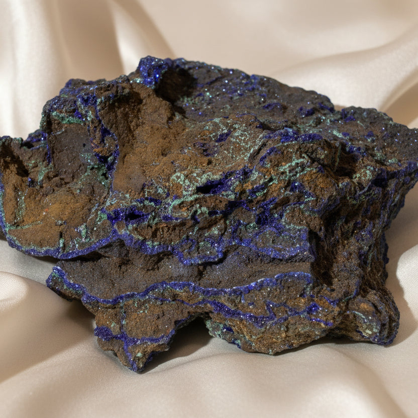 Azurite mineral specimen with a brown and gray matrix, featuring bright blue veins and patches of metallic iridescent material.