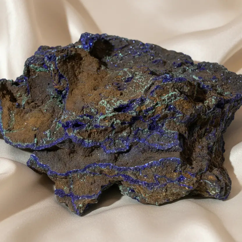 Azurite mineral specimen with a brown and gray matrix, featuring bright blue veins and patches of metallic iridescent material.