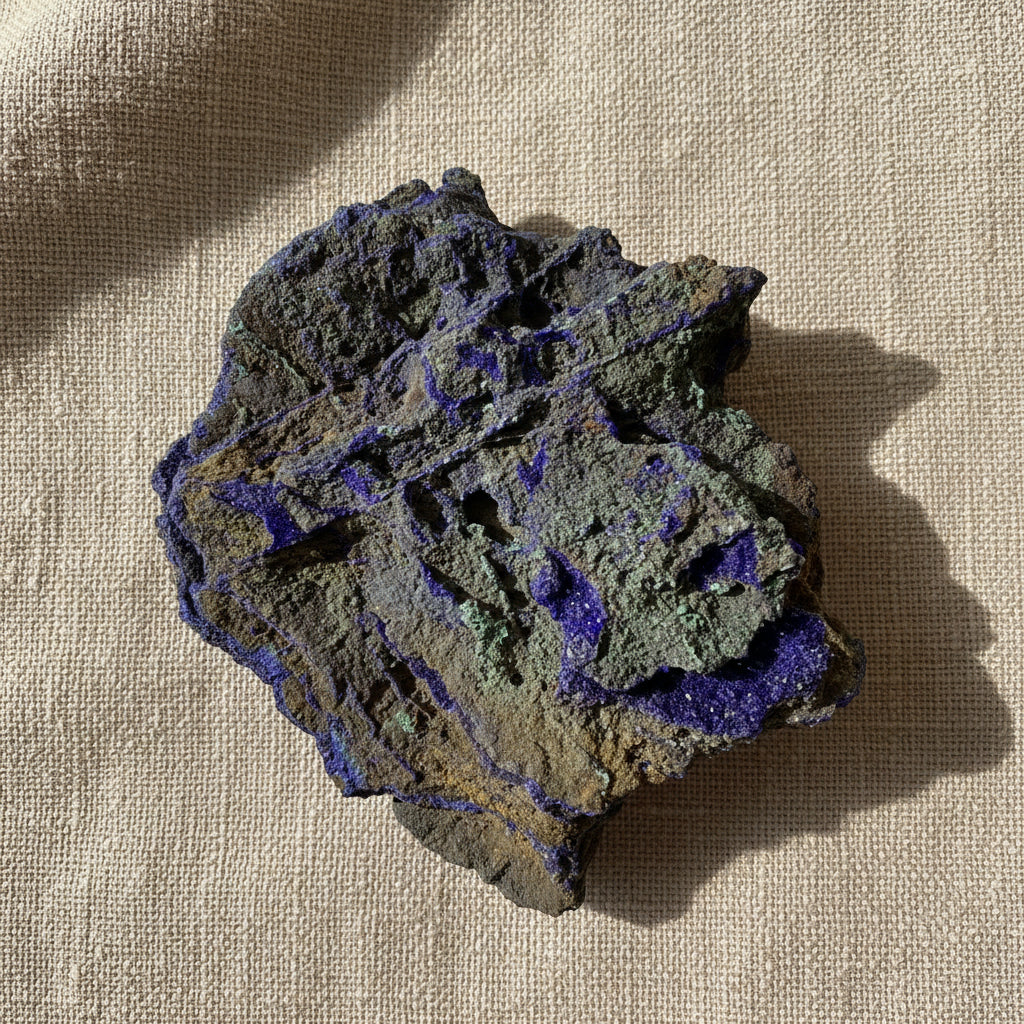 Azurite mineral specimen with a brown and gray matrix, featuring prominent vibrant purple veins and patches of blue-green patina, photographed on a white surface.