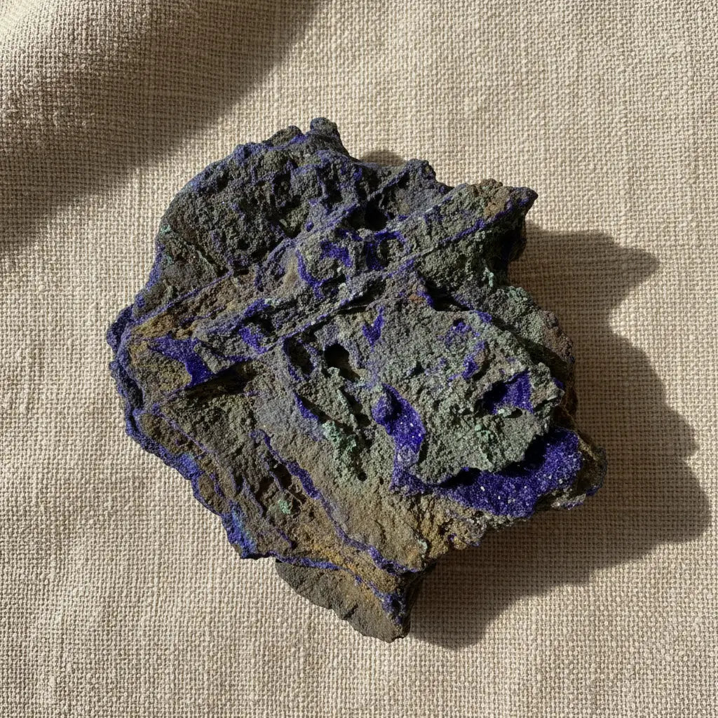 Azurite mineral specimen with a brown and gray matrix, featuring prominent vibrant purple veins and patches of blue-green patina, photographed on a white surface.
