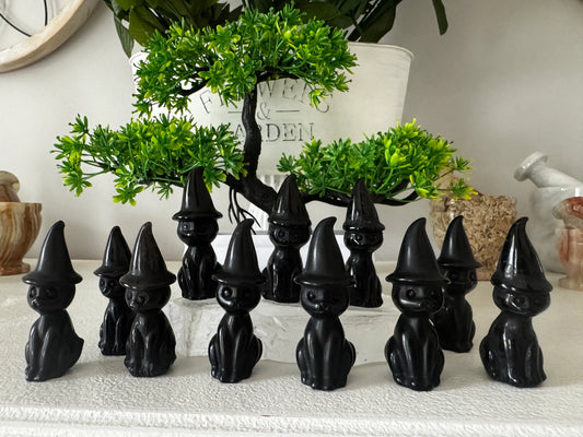 Black Obsidian witchy cat figurines with pointed hats