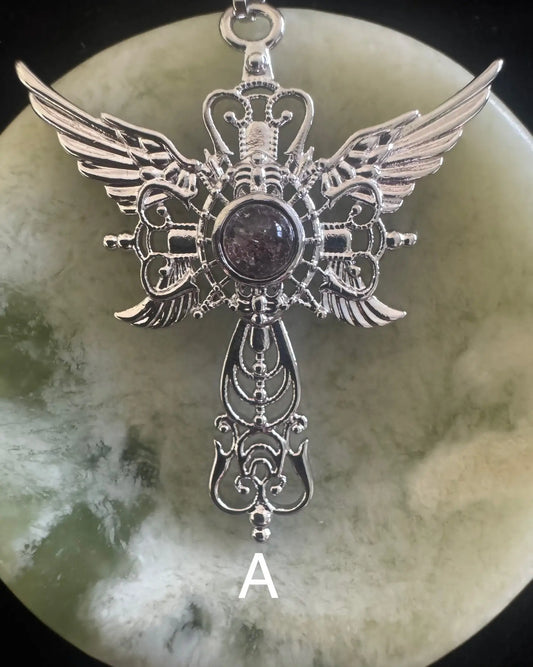 Garden Quartz angel wing pendant in stainless steel