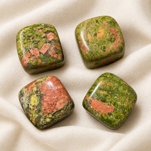 close up of four unakite carved cubes used for pocket stones  bright green and rose pink colors