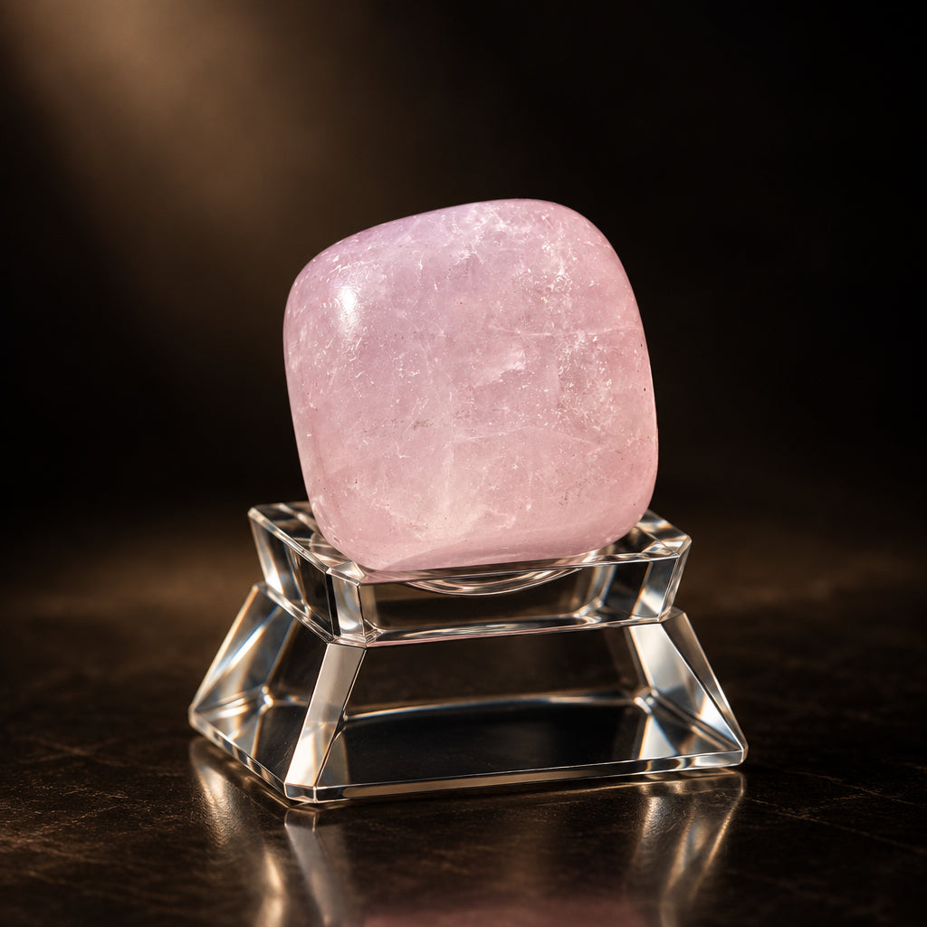 A polished pink rose quartz tumbled stone with rounded corners, resting on a glass stand