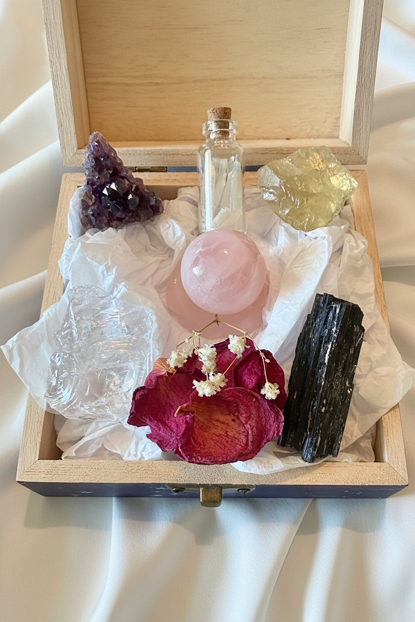 Close-up Beginner Crystal Set amethyst, rose quartz, citrine, black tourmaline, clear quartz, wish bottle with selenite rose petals dried flowers