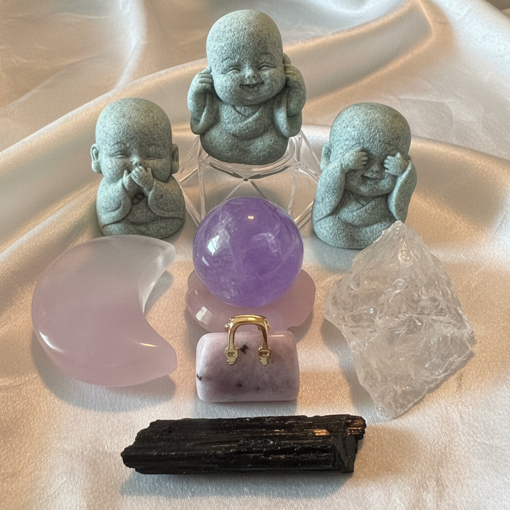 Everyday Calming crystal set fluorite crescent moon, clear quartz, amethyst, rose quartz, black tourmaline, lepidolite and three “hear no, see no, speak no” sandstone buddhas