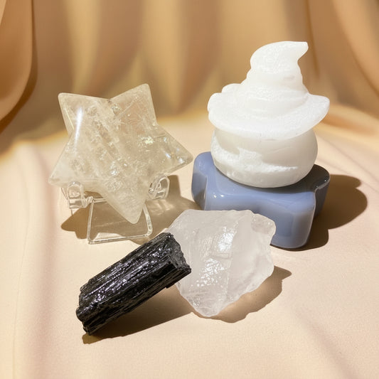 Selenite Carved Jack o Lantern, Blue Calcite Druzy Carved Star, Citrine HQ carved star on stand, Black Tourmaline Raw, Raw Clear. Quartz Specimen