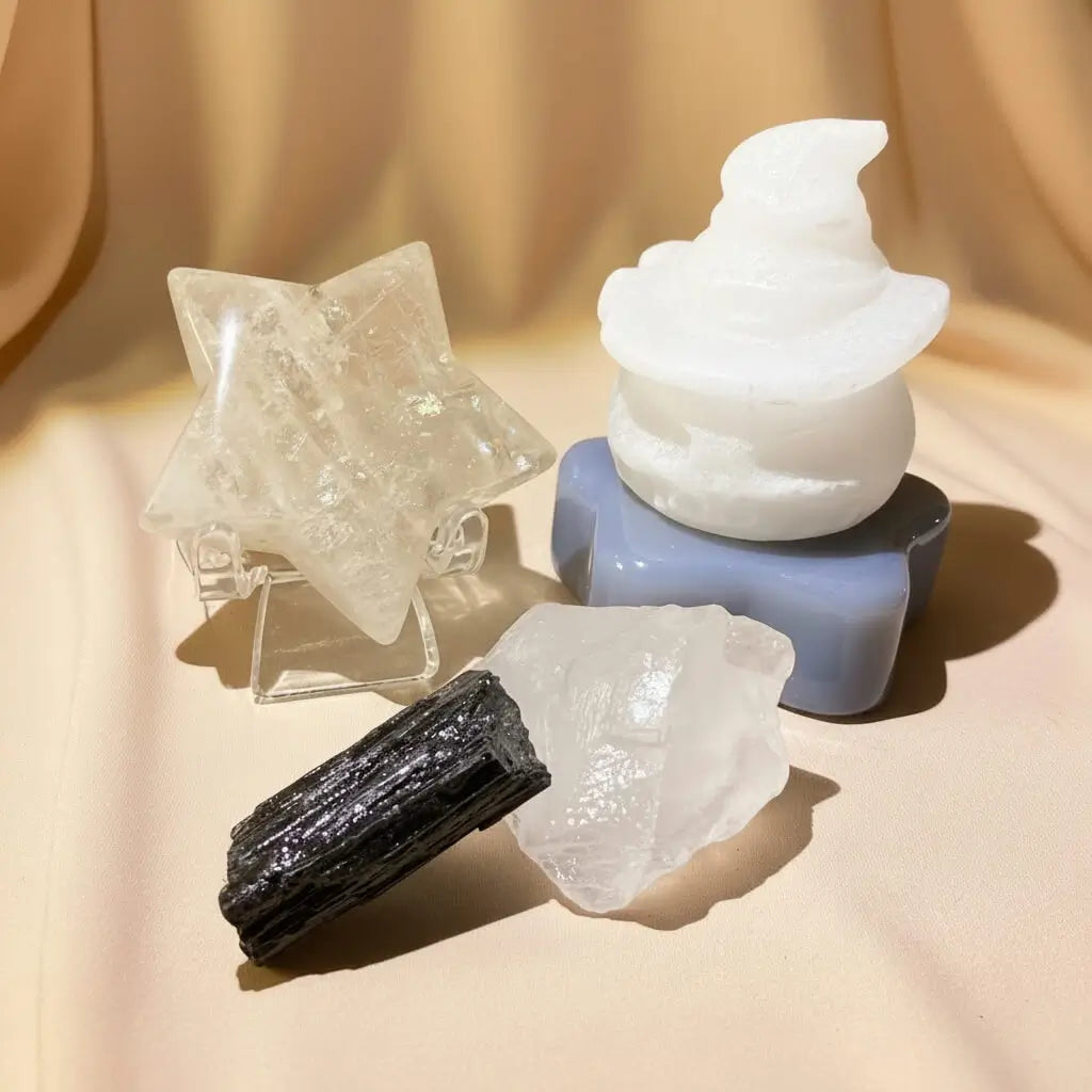 Selenite Carved Jack o Lantern, Blue Calcite Druzy Carved Star, Citrine HQ carved star on stand, Black Tourmaline Raw, Raw Clear. Quartz Specimen