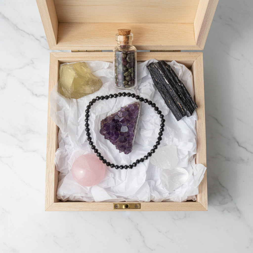 Wooden box with a wish bottle filled with dragons blood chips, raw black tourmaline, raw amethyst specimen clear quartz specimens, rose quartz polished tumble, raw citrine and bonus black obsidian bracelet 