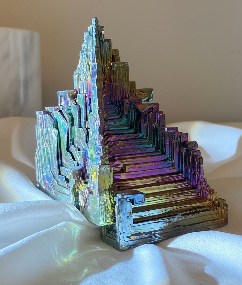 Rainbow colors shown brightly in this photograph of bismuth specimen