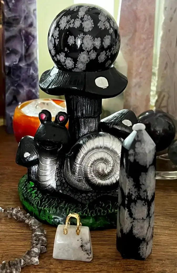 Snowflake Obsidian with Cute Snail Display Stand, Gentle for Emotional Balance