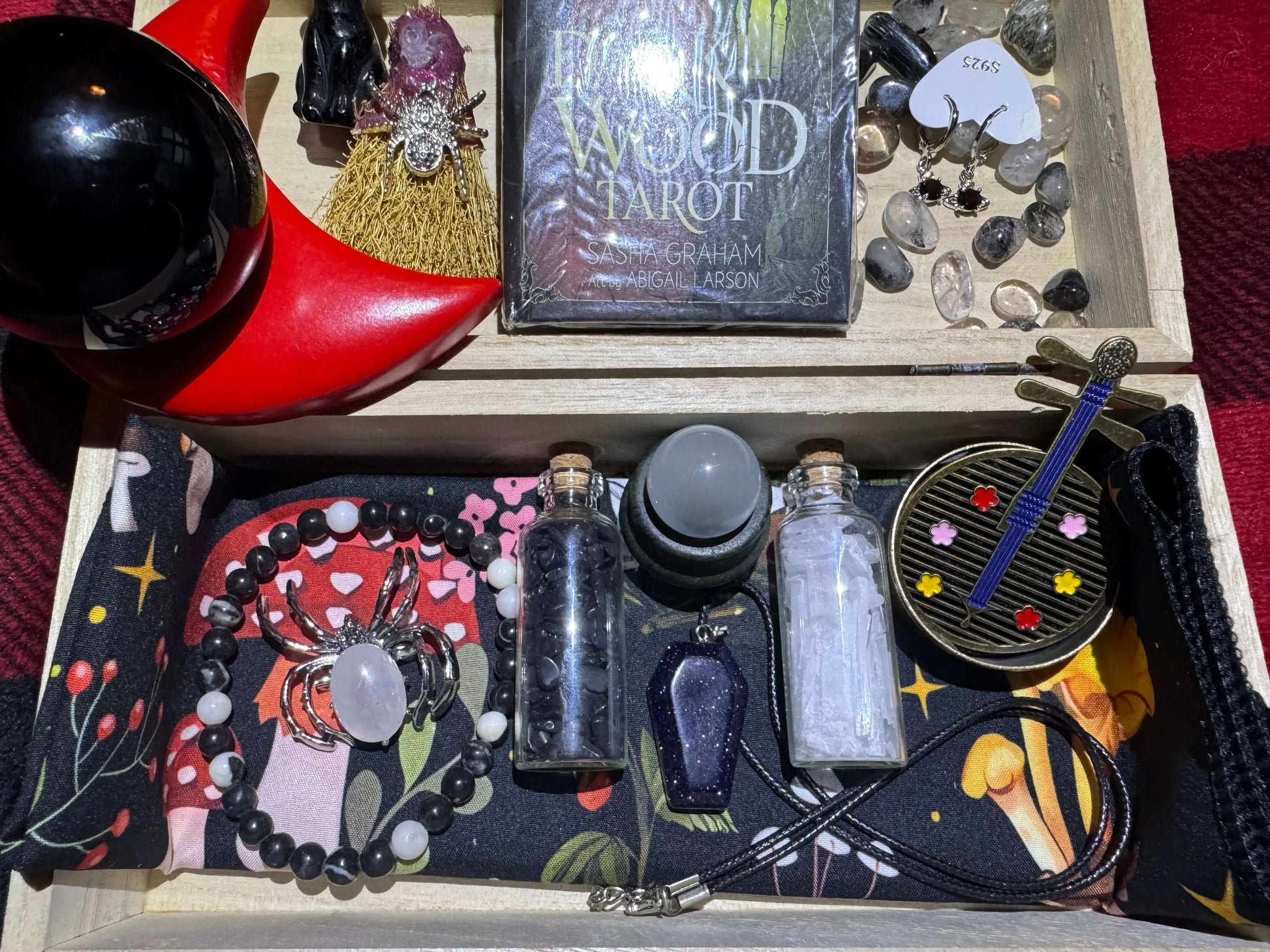 Dark wood tarot travel box set with protective crystal altar kit